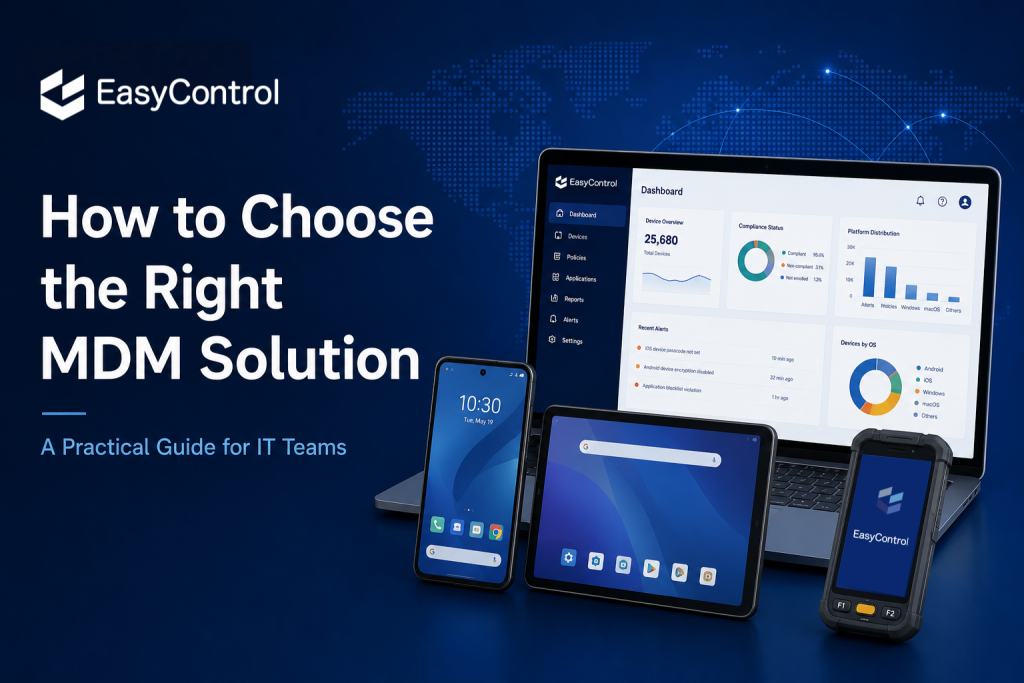 Mobile Device Management (MDM) solution managing enterprise devices from a centralized dashboard.